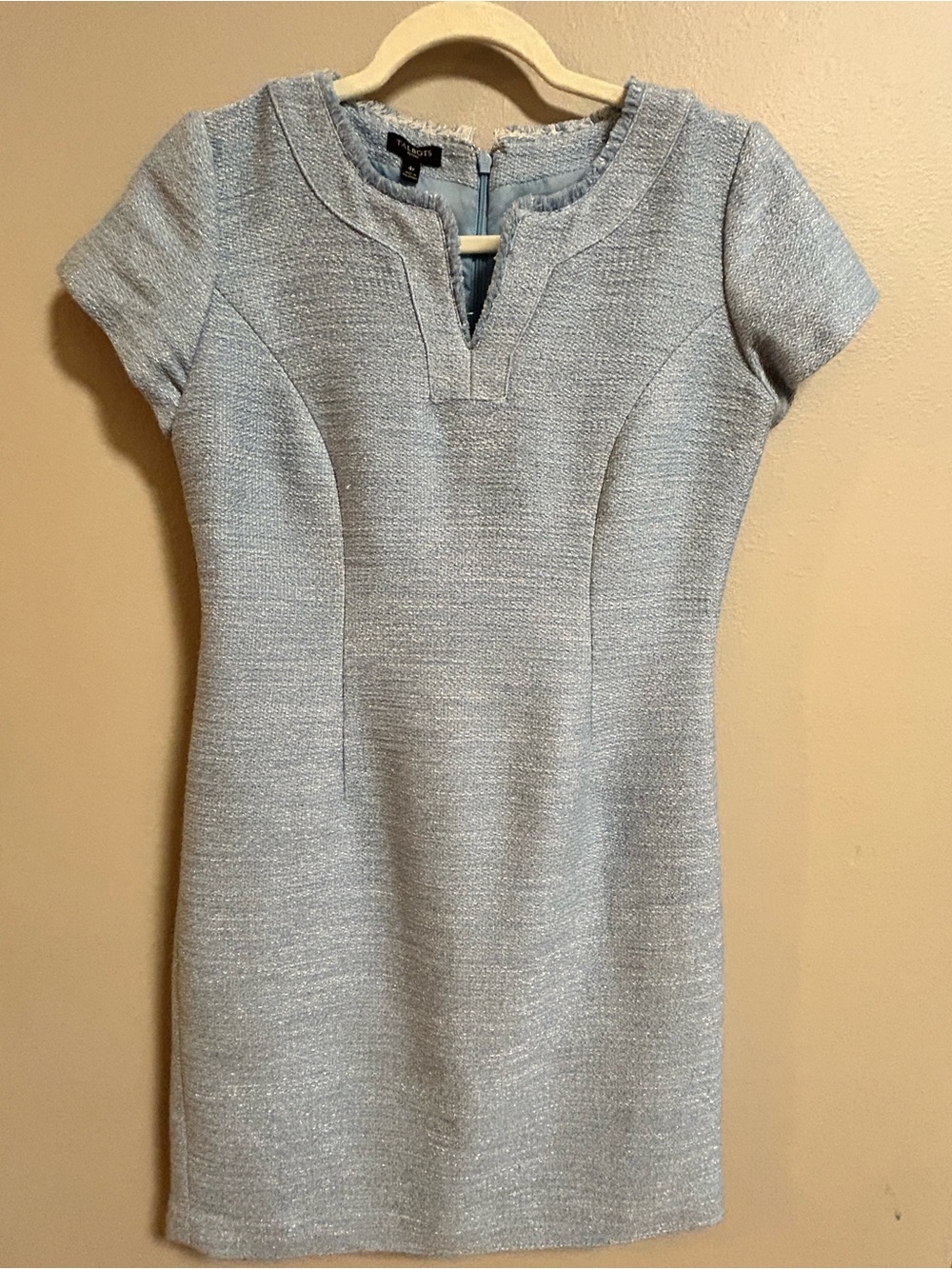 Talbots Petites 4P Light Blue Boucle Shift Dress Fringe Neck Classic Chic